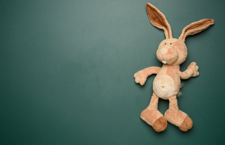 toy bunny on a green chalk school blackboard, place to writeの写真素材