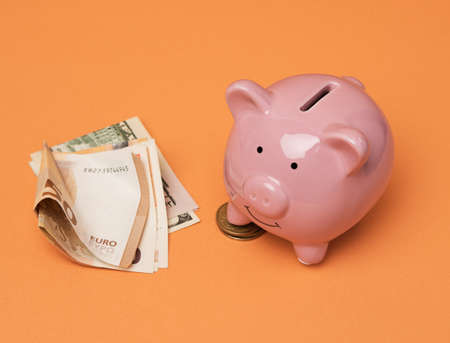 pink ceramic piggy bank and euro bundle, savings and investment concept, close up