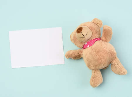 brown teddy bear sits on a blue background, top viewの写真素材