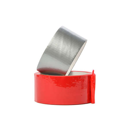 red and gray scotch tape isolated on white background, close upの写真素材