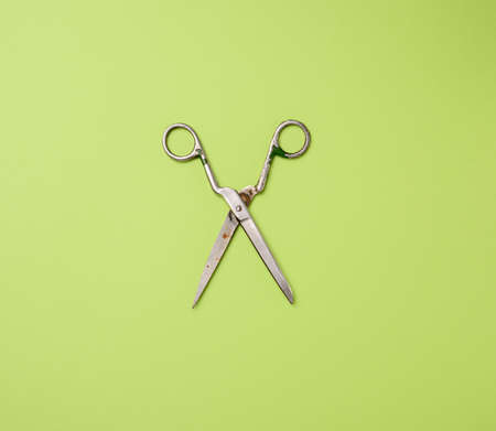 old metal scissors on a green background, close upの写真素材