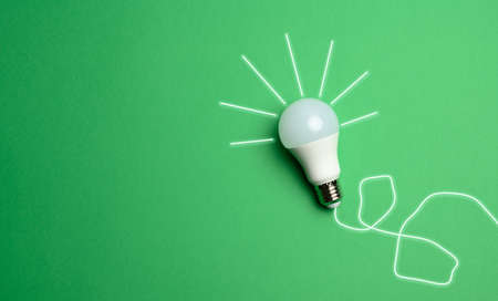 white light bulb with rays on a green background, green energy concept, new ideas, copy space
