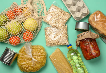 various products, bread, pasta, sunflower oil in a plastic bottle and preservation, top viewの写真素材