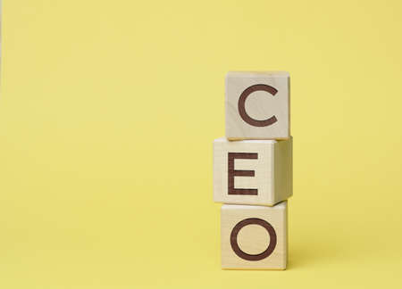 CEO inscription on wooden cubes, yellow background. The concept of a management position in the company responsible for communication with the external environmentの写真素材