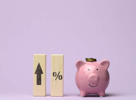 pink ceramic piggy bank and wooden blocks with an arrow at the top The concept of increasing...