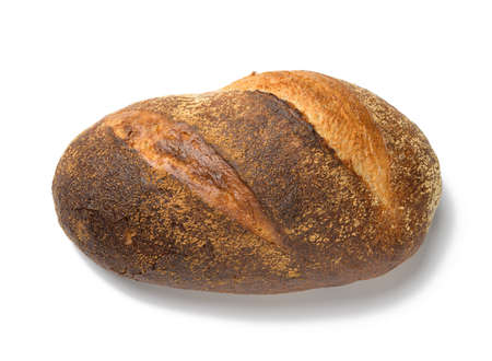 baked oblong bread made from white wheat flour isolated on white background, top view