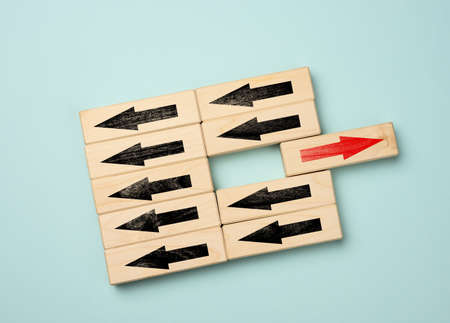 wooden cubes with black arrows in one direction and one block with a red arrow in the opposite...