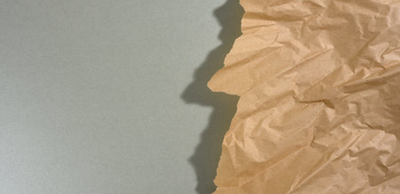 mint brown piece of paper with torn edges and shadow on gray background. Abstract creative backdrop...