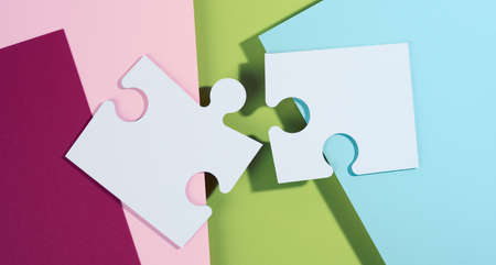 large blank white paper puzzle with shadow, top view. Abstract creative backdrop for designer, top...