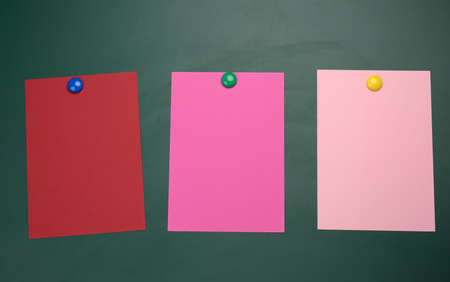 blank A4 cardboard sheets hanging on a green magnetic board. Place for inscriptionの写真素材