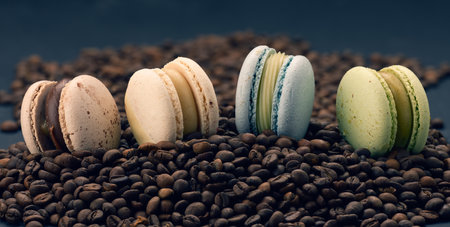 multi-colored macarons lies on roasted coffee beans, black background, delicious and exquisite...