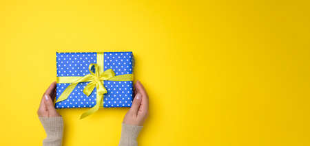 two female hands are holding a blue gift box on a yellow background, happy birthday concept, copy spaceの写真素材