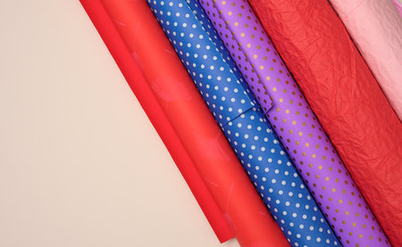 rolled paper rolls of decorative wrapping paper, top view