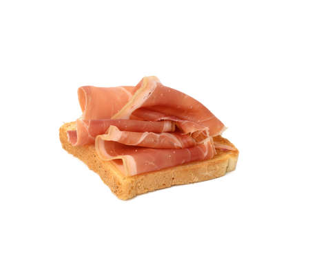 sandwich with slice of white bread and prosciutto isolated on white backgroundの写真素材