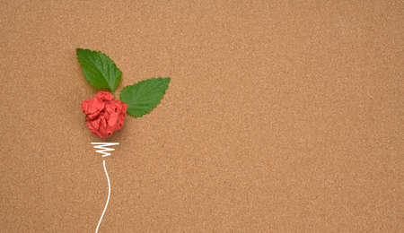 crumpled red sheet of brown paper and a green leaf on a brown background, shape of a light bulb. Energy saving concept, new creative idea, flat layの写真素材