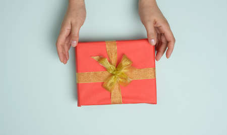 female hands are holding red gift box on a blue background, concept of congratulations on birthday,...