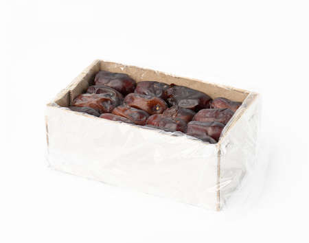 Full paper white cardboard box dates on a white background, Mazafati gradeの写真素材