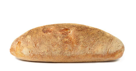 oblong baked bread made from white wheat flour on a white plate, crispy bun