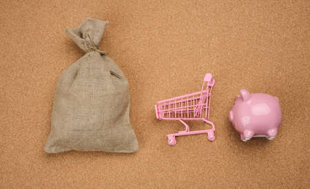 pink ceramic piggy bank, miniature shopping cart and full canvas bag on brown background, top view.の写真素材