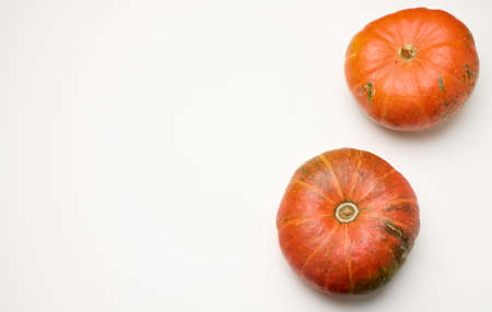round ripe orange pumpkins on white background, top view, copy spaceの写真素材