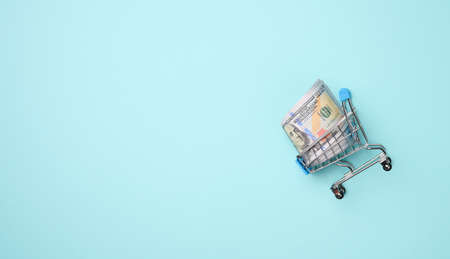 miniature shopping cart with a stack of paper American dollars on a light blue background. Savings, sale, copy spaceの写真素材