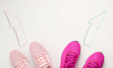 two pairs of pink textile sneakers are directed in opposite directions. Quarrel and difference of...
