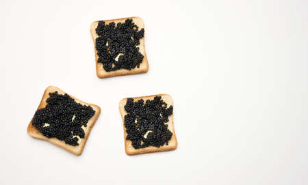 paddlefish caviar on a square slice of white wheat flour. Top view on white table, copy spaceの写真素材