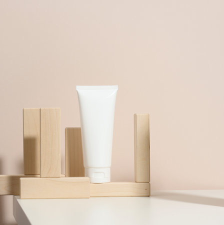 empty white plastic tubes for cosmetics on a beige background with wooden blocks. Packaging for cream, gel, serum, advertising and product promotion, mock upの写真素材