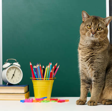 adult straight Scottish gray cat sits on the background of a green school board. Back to schoolの写真素材