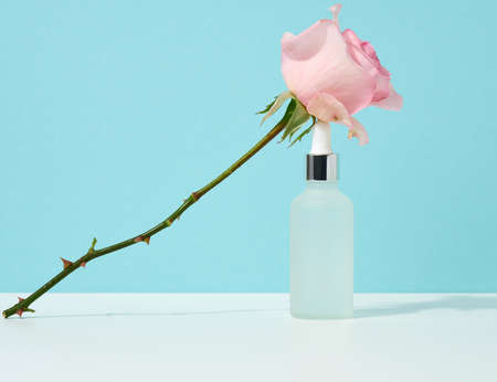 white glass bottle with pipette stands on a blue background. Cosmetics SPA branding. Packaging for gel, serum, advertising and product promotion, mock upの写真素材