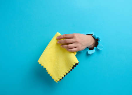 female hand sticking out of a torn hole in a blue paper background and holding a dry ragの写真素材