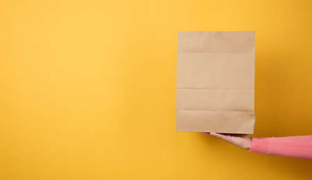 woman holding in hand brown blank craft paper bag for takeaway on yellow background. Packaging template mock up. Delivery service concept, bannerの写真素材