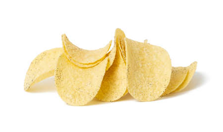 fried potato chips with salt and black pepper on a white plate. Fast food