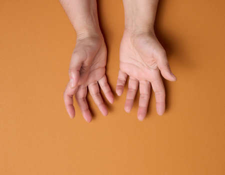 two female hands on a brown background. Empty palms open, top viewの写真素材