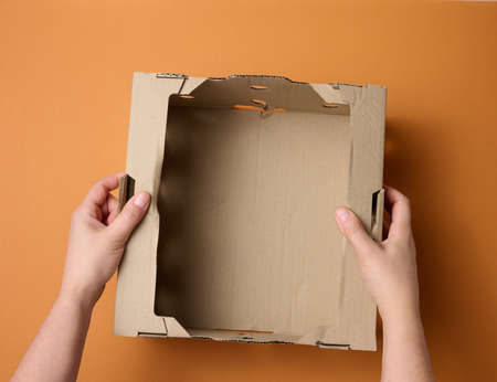 female hands are holding an empty open box of brown cardboard, top view, concept of packing things