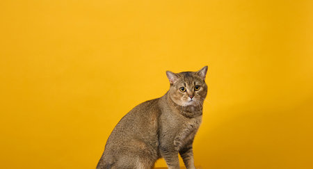 adult gray cat, short-haired Scottish straight-eared, sits on a yellow background.の写真素材