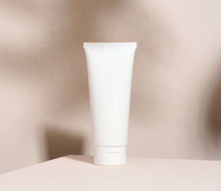 empty white plastic tubes for cosmetics. Packaging for cream, gel, serum, advertising and product promotion, mock upの写真素材