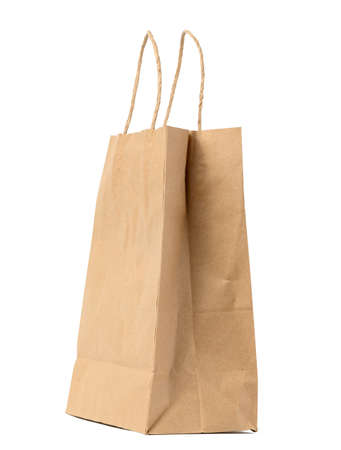 large disposable brown kraft paper bag with handles isolated on white background, eco packaging,...