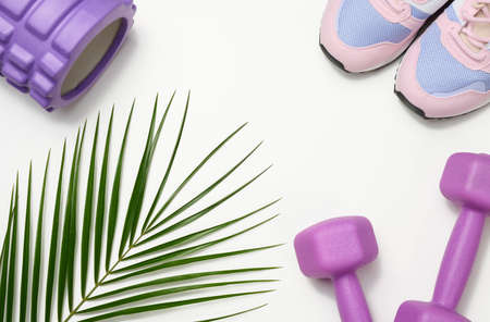pair of pink sneakers and purple dumbbells on a white background, sports. Copy spaceの写真素材