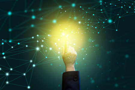 world wide web internet with connections and female hand. Wireless coverage of the planetの写真素材