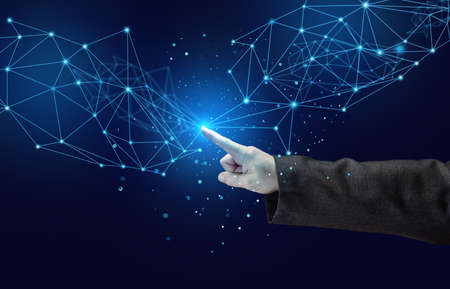 world wide web internet with connections and female hand. Wireless coverage of the planet. Quick...