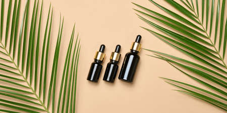 brown glass bottle with a pipette stands on a brown background. Container for cosmetics, serum and oil, palm leafの写真素材