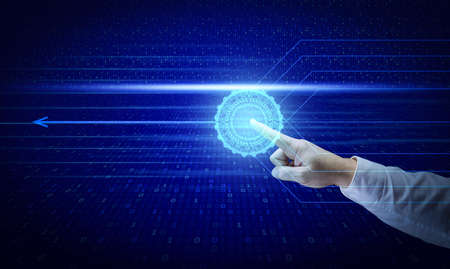 male hand on the background of binary code. Data protection concept, programmingの写真素材