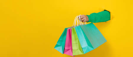 female hand holds a paper disposable bag with handles for groceries and clothes. Recyclable...