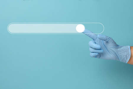 icon for searching and entering information and a hand in a blue medical glove. Virtual lane for...