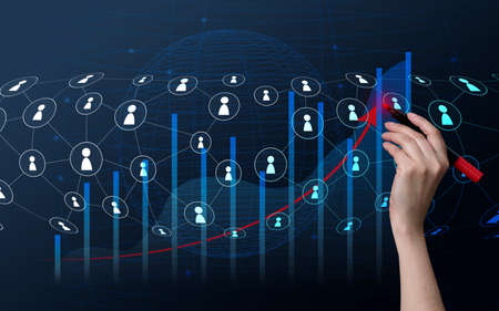 Holographic graph with growing indicators and a woman's hand. Business growth concept, profitable...