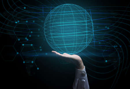 male hand touches the global virtual network of the globe. Information exchange, communication and...