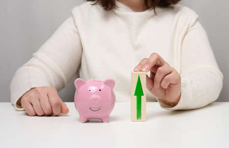 Pink ceramic piggy bank and wooden blocks with up arrow. Concept of increasing interest on a deposit in a bank, high return on investment, large margin on saleの写真素材