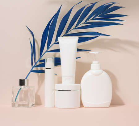 White plastic container tube, a jar with a lid and a container with a dispenser for cosmetics on a beige background with a shadow from a palm leaf. advertising and promotionの写真素材