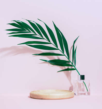 A round wooden platform for displaying cosmetic products and a glass vase with a green palm leaf on a pastel purple background. advertising and promotionの写真素材